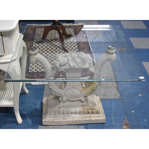 517 - A Modern Cast Resin Perspex Topped Occasional Table with Moulded Scroll Support and Fruit, 70cms Squ... 