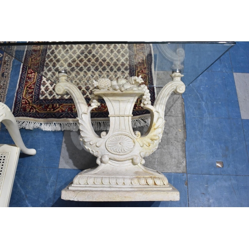 517 - A Modern Cast Resin Perspex Topped Occasional Table with Moulded Scroll Support and Fruit, 70cms Squ... 