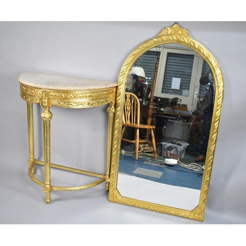 518 - A Modern Gilt Decorated Demilune Console Table with Marble Top and Arched Top Mirror to Match, Mirro... 