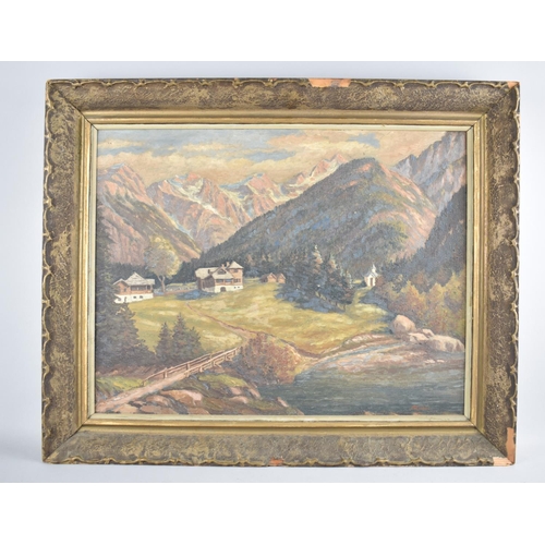 110 - An Early 20th Century Gilt Framed Oil on Board, Naive Alpine Landscape, 47x36cm