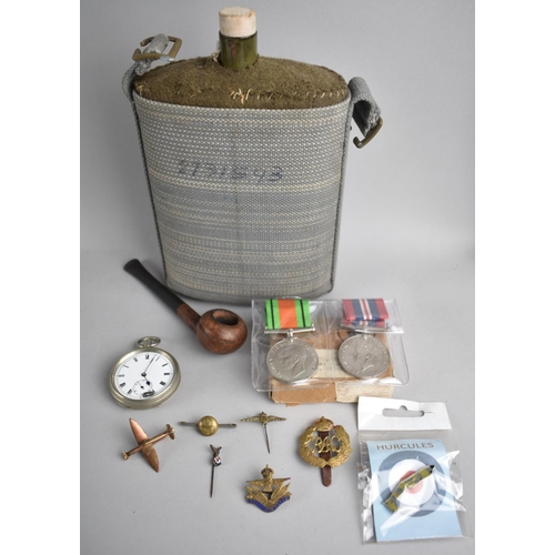 153 - A Collection of WWII Militaria to Include Water Bottle, Air Ministry Medals and Pocket Watch (AF), R... 