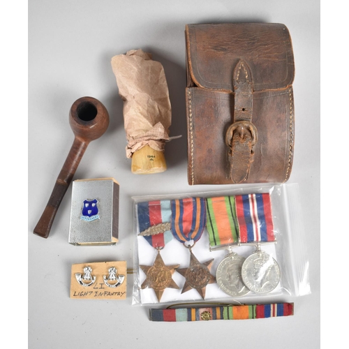 155 - A Collection of WWII Militaria to Include Leather Case Containing Brushes, Four Medals and a Ribbon ... 