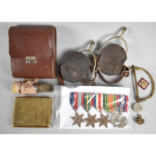 156 - A Collection of WWII Militaria to Include Five Medals with Bar, Vintage Spurs, D Lock for Kit Bag, 1... 