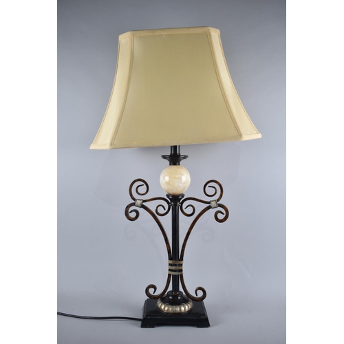 158 - A Modern Scrolled Metal and Polished Stone Table Lamp and Shade, Overall Height 70cm