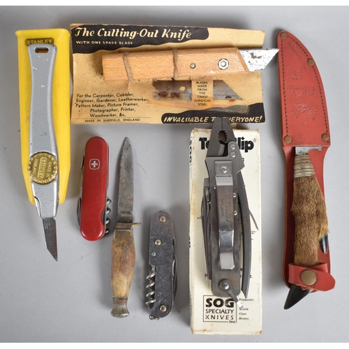 174 - A Collection of Modelling and Hunting Knives, Sog Multi Tool with Cardboard Box etc