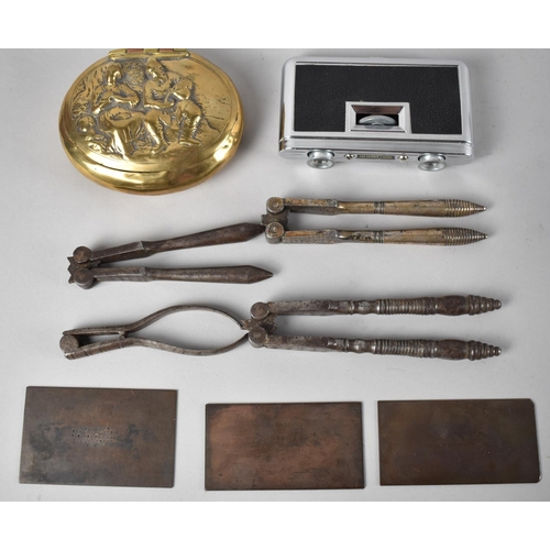 175 - A Collection of Vintage Nut Crackers, Dutch Brass Tobacco Box, Copper Printing Plate etc