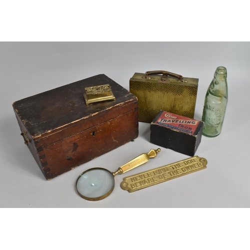 179 - A Vintage Wooden Box Containing Marble Stop Bottle, Travelling Iron, Brass Handled Magnifying Glass,... 