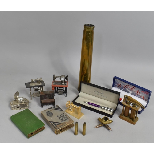 181 - A Collection of Metal Items to Include Brass Trench Art, Brass Shell Base, Miniature Treadle Sewing ... 