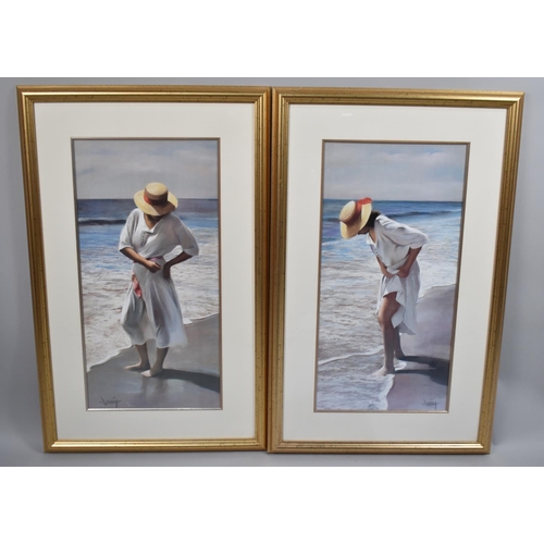 184 - A Pair of American Framed Prints, Girl on Beach, Each 29x58cm