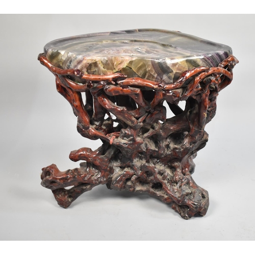 502 - A Very Heavy Oriental Rootwood Based Stool with Carved and Polished Stone Top, 60cm Wide