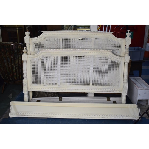 508 - A Modern Cream Painted King Sized Bed Frame with Caned Head and Footboards