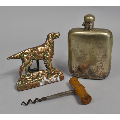 66 - A Silver Plated Hip Flask, Wooden Handled Corkscrew and a English Setter Door Knocker