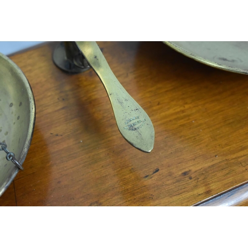 69 - A Set of Late 19th century Brass Pan Scales on Mahogany Wooden Plinth by J Hare, 46cms Wide and 51cm... 