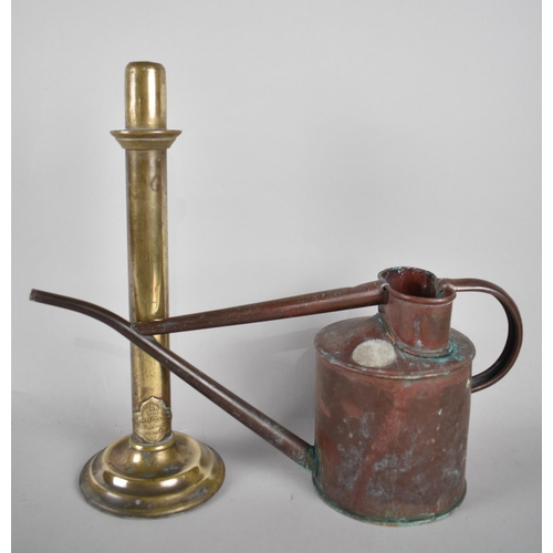 73 - A Vintage Copper Watering Can together with a Reflector Lamp Base by Barrett and Sons, Missing Top