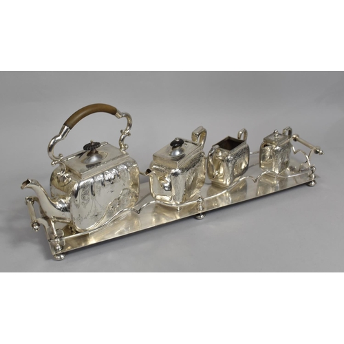 94 - A Four Piece Silver Plated Tea Service on Long Rectangular Narrow Gallery Tray, 63cm Long