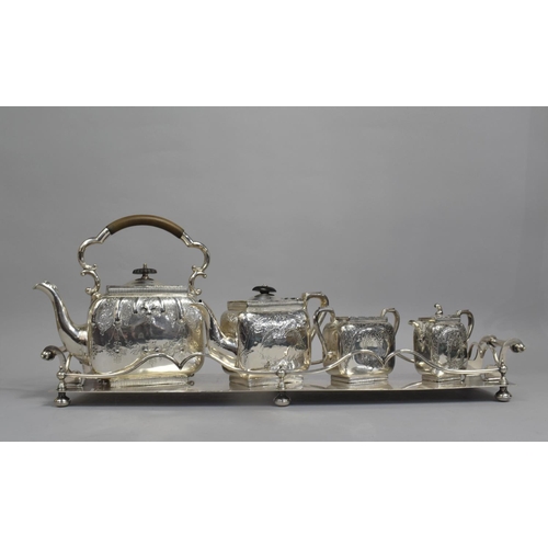 94 - A Four Piece Silver Plated Tea Service on Long Rectangular Narrow Gallery Tray, 63cm Long