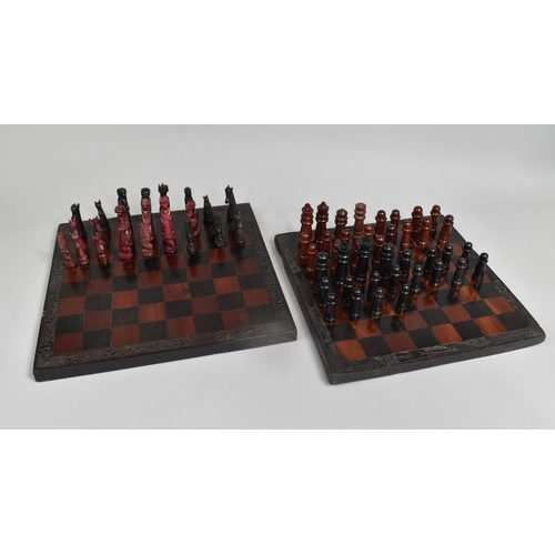 95 - Two African Carved Wooden Chess Sets and Boards, Incomplete, 38.5 and 35.5cm Square