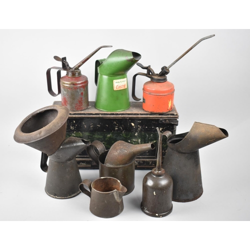 191 - A Collection of Various Oil Cans, Oil Jugs, Funnel and Ammunition Box