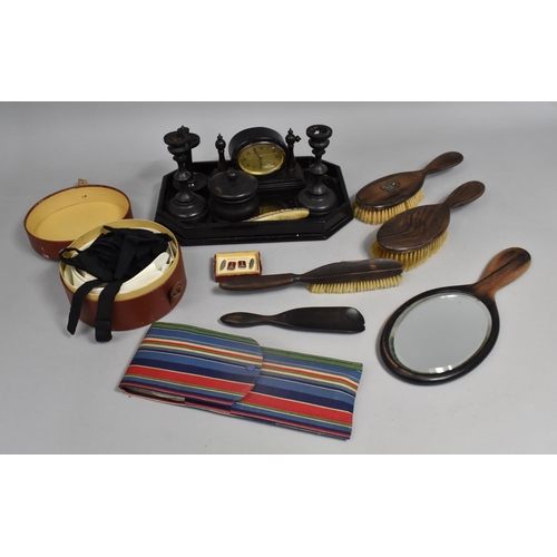 218 - An Ebonised Dressing Table Set, Leather Collar Box and Contents, Hair Brushes etc