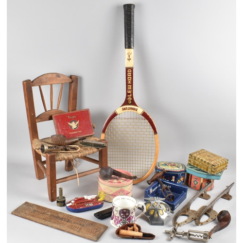 246 - A Collection of Sundries to Include Lou Hoad Vintage Tennis Racket, Dolls Chair, Vintage Tins, AA Ba... 