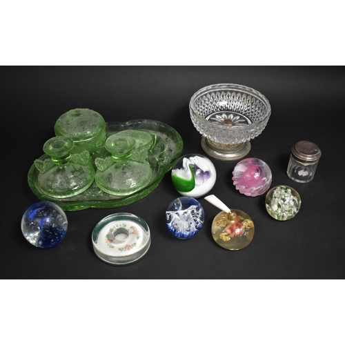 400 - A Collection of Various Glass Paperweights together with a part Green Glass Dressing Table Set and a... 