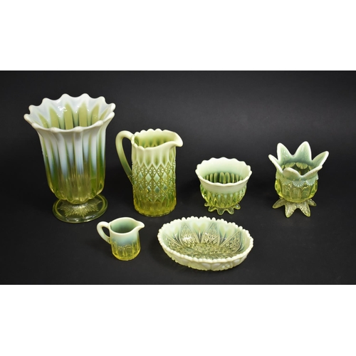 403 - A Collection of Five Pieces of Various Moulded Opaque Uranium Glass to comprise Vases, Jug Etc