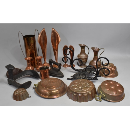 409 - A Collection of Various Metalwares to comprise Copper Vases, Wrought Iron Candle Holders, Flat Iron ... 