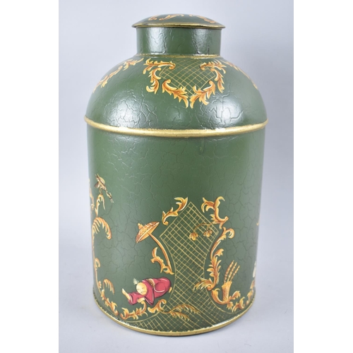 84 - A Reproduction Toleware Style Cylindrical Tea Caddy with Chinoiserie Decoration, 37cms High