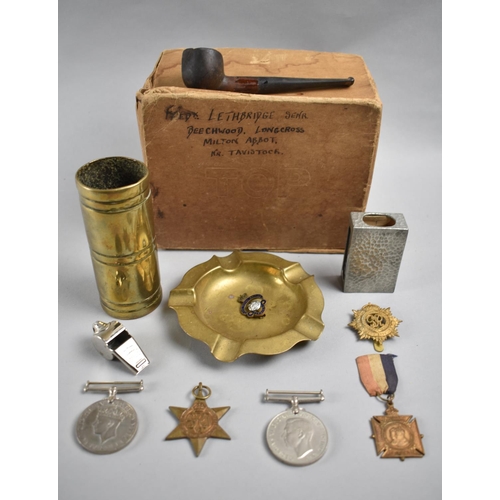 90 - A Collection of Militaria to include WWII Gas Mask in Box, Trench Art Spill Tube, Ashtray, Acme Thun... 