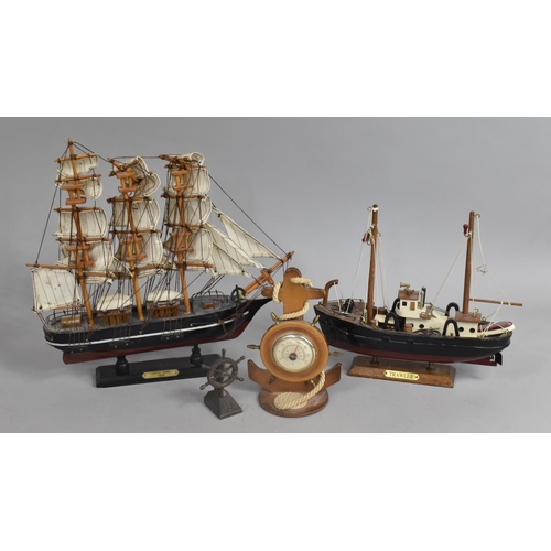 182 - Two Models, Three Masted Ship and Trawler together with a Novelty Thermometer and a Metal Ships Whee... 