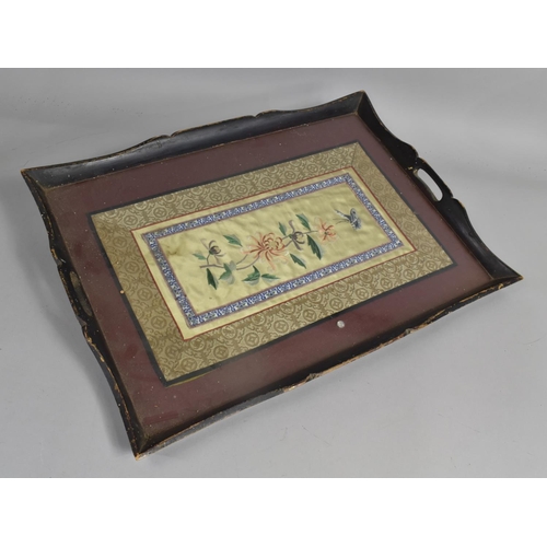 184 - A Rectangular Drinks Tray having Chinese Embroidered Silk Panel Under Glass, 55cms Long