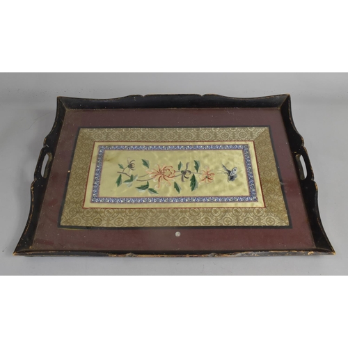 184 - A Rectangular Drinks Tray having Chinese Embroidered Silk Panel Under Glass, 55cms Long