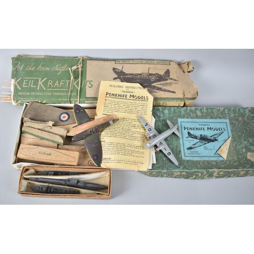 190 - A Collection of Vintage Aeroplane Models to include Timpo Hawker Hurricane and Keil Kraft Balsa Wood... 