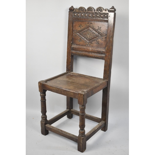 458 - An Early/ Mid 19th Century Peg Jointed Oak Hall Side Chair with Carved Back and Top Rail