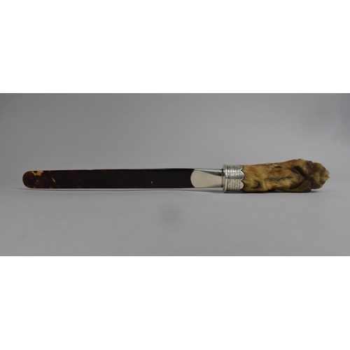 12 - A Tortoiseshell Bladed and Silver Mounted Sporting Page Turner with Fox Foot Handle, Collar Inscribe... 