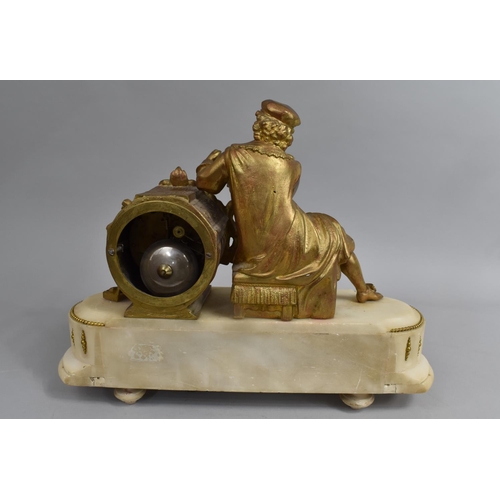 24 - A French Gilded Spelter and Alabaster Figural Mantel Clock, The Drum Movement by Japy Freres, 37cms ... 