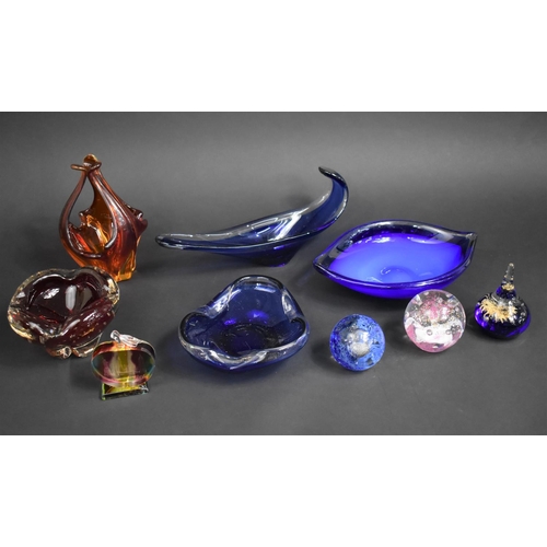 265 - A Collection of Various Coloured Glass to include Italian Glass Bowl, Paperweights, Basket Etc