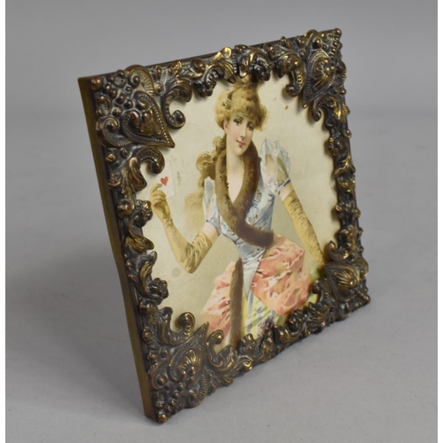 43 - A Pressed Brass Easel Back Photo Frame Containing Coloured Prints Depicting Maiden with Ace of Heart... 