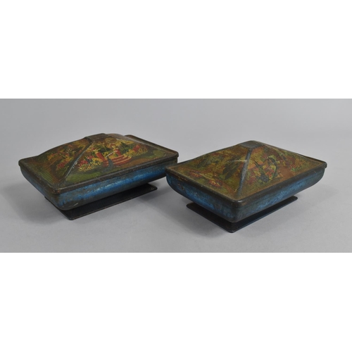 5 - A Pair of Rowntree Tinplate Boxes Decorated with Floral Garden Design of Sarcophagus Form, 15cms Wid... 