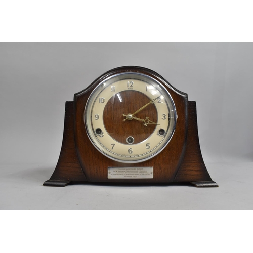 62 - A Mid 20th Century Presentation Westminster Chime Mantel Clock Dated 1955