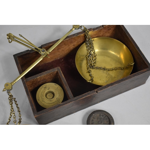 72 - A 19th Century Scale Box Containing Set of Brass Pan Scales and Circular Graduated Brass Weights