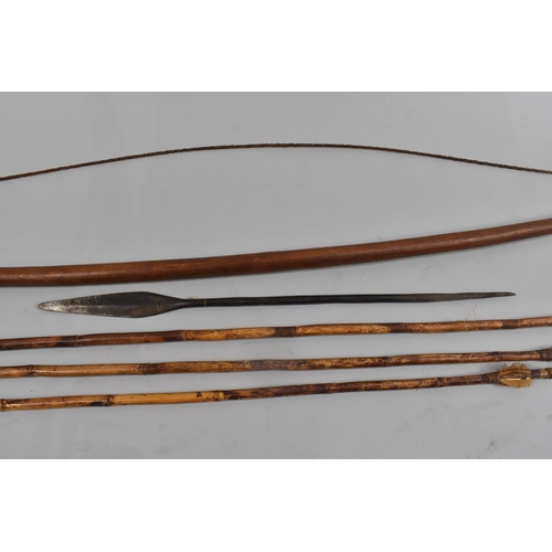 129 - A 19th Century Tribal Bow 158cm Long Together with Bamboo Arrows and a Spear Head