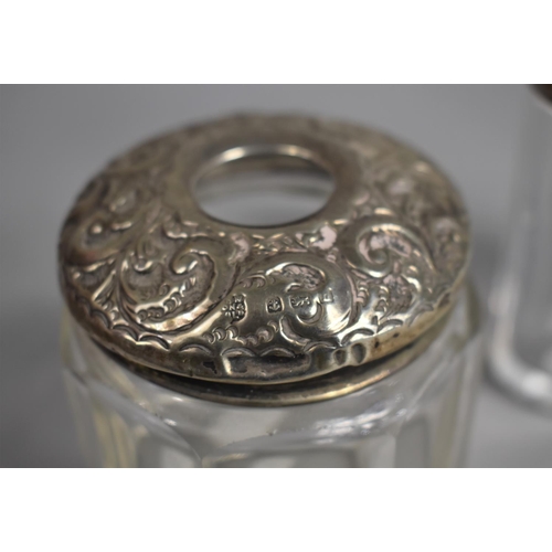 442 - Two Silver and Glass Dressing Table Pots, Both with Scrolled Decoration, 7.5cm and 9cm high