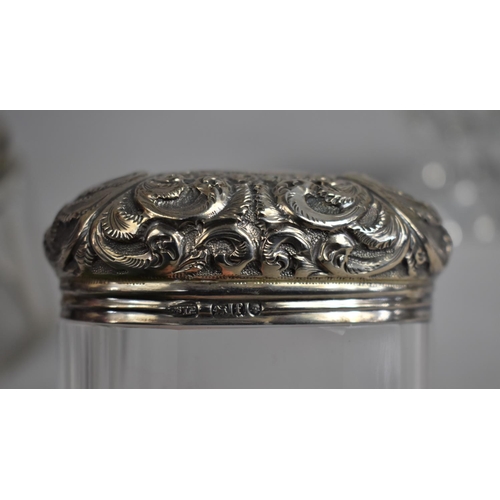 442 - Two Silver and Glass Dressing Table Pots, Both with Scrolled Decoration, 7.5cm and 9cm high