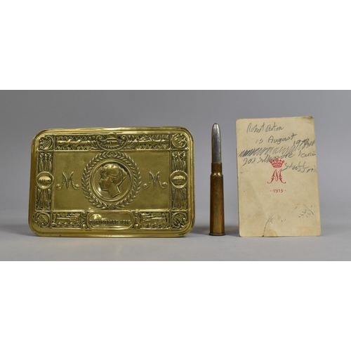 112 - A WWI Princess Mary Christmas Tin Containing Trench Art Bullet Formed into a Pencil and Christmas Ca... 