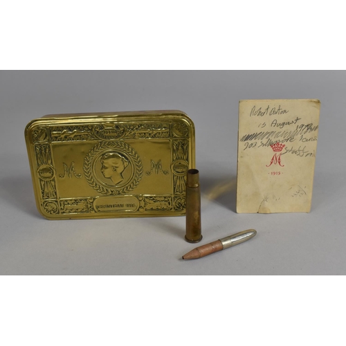 112 - A WWI Princess Mary Christmas Tin Containing Trench Art Bullet Formed into a Pencil and Christmas Ca... 