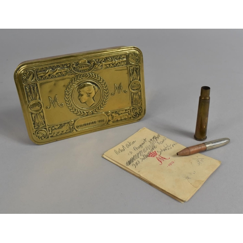 112 - A WWI Princess Mary Christmas Tin Containing Trench Art Bullet Formed into a Pencil and Christmas Ca... 