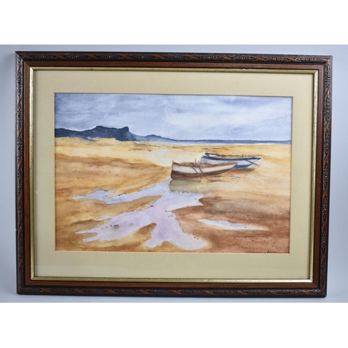 133 - An Oak Framed Watercolour, Beach Scene by B Wood, 38x25cms