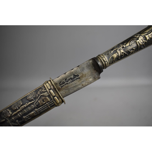 135 - An Austrian Hunting Knife with Scabbard Decorated in Relief with Ranch Scene