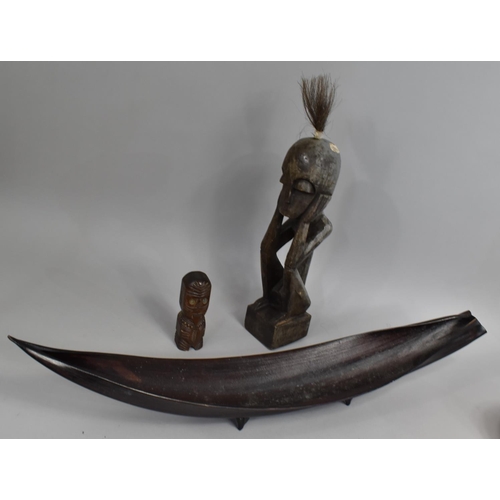 212 - A Tribal Figure, Boat and Wooden New Zealand Tiki Figure